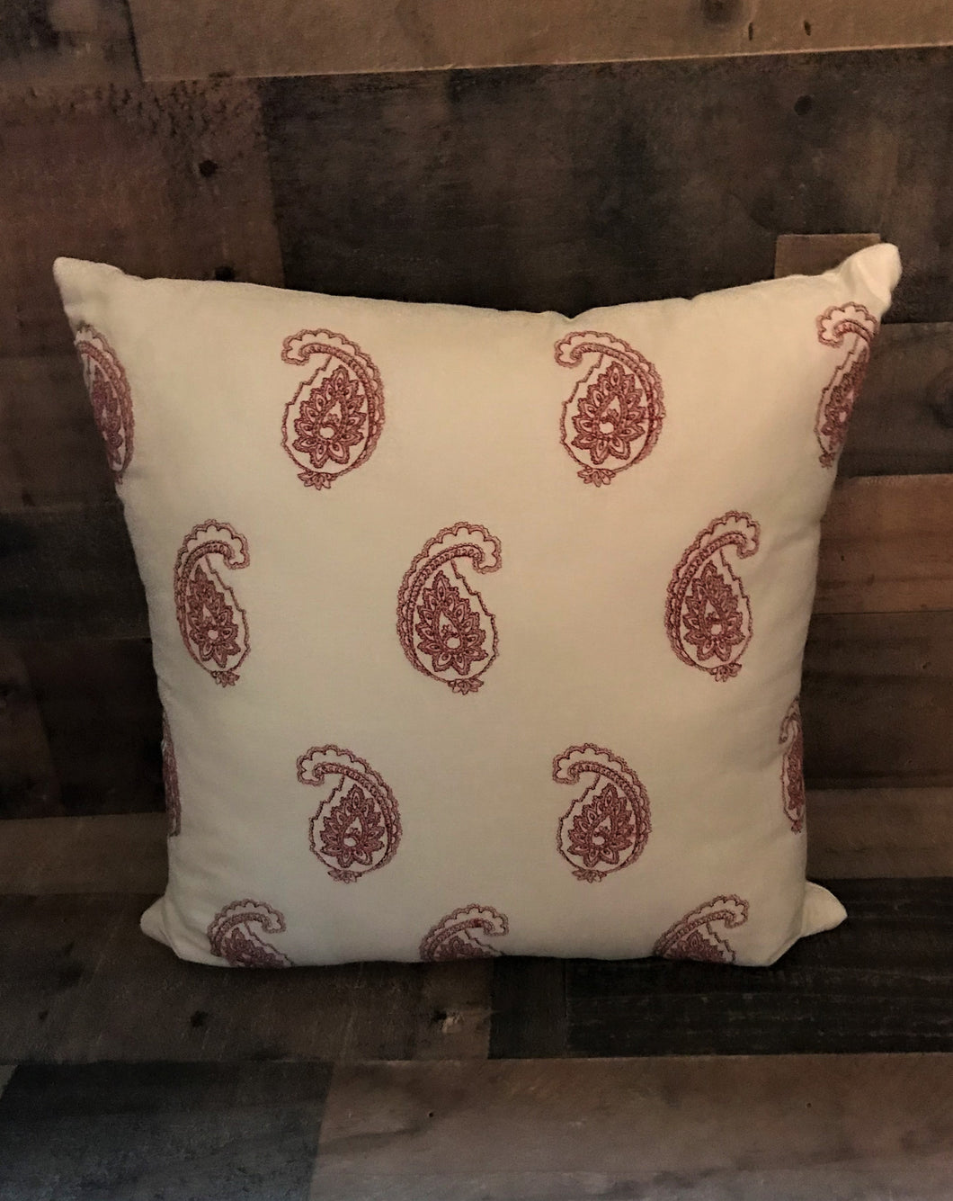 IVORY THROW PILLOW WITH RED PAISLEY PRINT (ALL READY FOR THE WILD WEST, FARMHOUSE, OR THE FOURTH OF JULY)