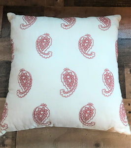 IVORY THROW PILLOW WITH RED PAISLEY PRINT (ALL READY FOR THE WILD WEST, FARMHOUSE, OR THE FOURTH OF JULY)