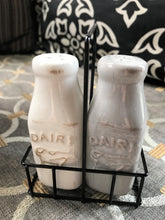 FARMHOUSE-STYLE "DAIRY" MILK BOTTLE SALT AND PEPPER SET (WITH METAL CADDY)