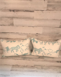 BABY BLUE-AND-WHITE DESIGNER LUMBAR-STYLE THROW PILLOW WITH THE WHOLE-WIDE-WORLD-OF-ANIMALS