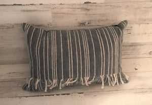 CHAMBRAY-LOOK DENIM, STRIPE-Y, FRINGE-Y LUMBAR-STYLE THROW PILLOW