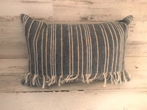 CHAMBRAY-LOOK DENIM, STRIPE-Y, FRINGE-Y LUMBAR-STYLE THROW PILLOW