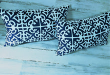 BRIGHT BLUE-AND-WHITE SCROLLED-PATTERN LUMBAR-STYLE THROW PILLOW (INDOOR/OUTDOOR)