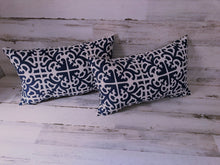 BRIGHT BLUE-AND-WHITE SCROLLED-PATTERN LUMBAR-STYLE THROW PILLOW (INDOOR/OUTDOOR)