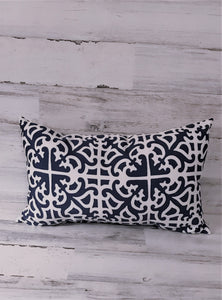 BRIGHT BLUE-AND-WHITE SCROLLED-PATTERN LUMBAR-STYLE THROW PILLOW (INDOOR/OUTDOOR)