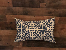 BRIGHT BLUE-AND-WHITE SCROLLED-PATTERN LUMBAR-STYLE THROW PILLOW (INDOOR/OUTDOOR)