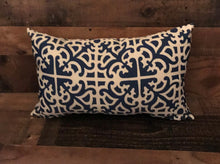 BRIGHT BLUE-AND-WHITE SCROLLED-PATTERN LUMBAR-STYLE THROW PILLOW (INDOOR/OUTDOOR)