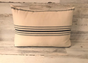 CREAM AND CHAMBRAY-BLUE, TICKING-STRIPED, LUMBAR-STYLE THROW PILLOW