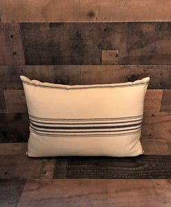 CREAM AND CHAMBRAY-BLUE, TICKING-STRIPED, LUMBAR-STYLE THROW PILLOW