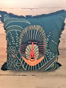 FIERCELY FABULOUS! BOLD, BEAUTIFUL TEAL, GLOBAL-DESIGN BABOON THROW PILLOW (PERFECT FOR THE LION KING THEMED ROOMS)