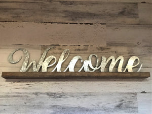 BEAUTIFUL "WELCOME" GALVANIZED-ON-WOOD SITTING DECOR