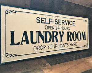 MASSIVE, HEAVY-STEEL "SELF-SERVICE LAUNDRY ROOM" FUNNY ENAMEL-FINISH WALL DECOR