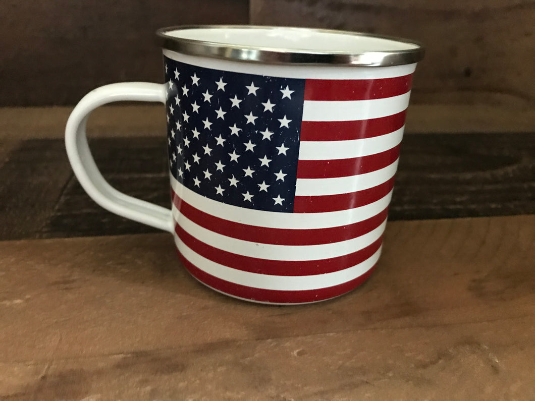 STARRY-AND-STRIPE-Y ENAMEL MUG:  RED, WHITE, AND BLUE-TIFUL!