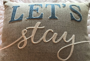 DESIGNER "LET'S STAY HOME" FLAX-COLOR THROW PILLOW WITH AMERICANA EMBROIDERY