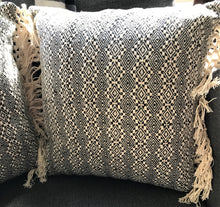 MODERN FARMHOUSE BLACK/CREAM GEOMETRIC PATTERN THROW PILLOW WITH FANCY FRINGE