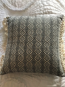 MODERN FARMHOUSE BLACK/CREAM GEOMETRIC PATTERN THROW PILLOW WITH FANCY FRINGE