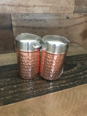 LIGHTWEIGHT, TWO-TONE HAMMERED COPPER/SHINY SILVER SALT AND PEPPER SET