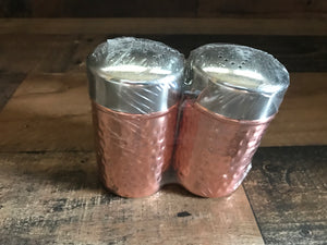 LIGHTWEIGHT, TWO-TONE HAMMERED COPPER/SHINY SILVER SALT AND PEPPER SET