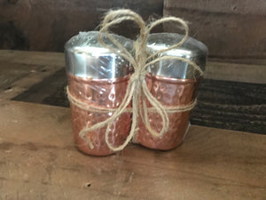 LIGHTWEIGHT, TWO-TONE HAMMERED COPPER/SHINY SILVER SALT AND PEPPER SET