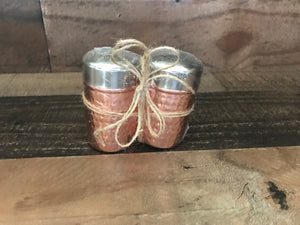 LIGHTWEIGHT, TWO-TONE HAMMERED COPPER/SHINY SILVER SALT AND PEPPER SET