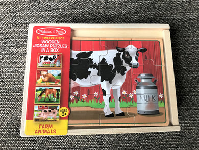 CHILDREN'S 12-PIECE WOODEN PUZZLES--FOUR PUZZLES IN ONE STORAGE BOX! COW, CHICKEN, HORSE, AND PIG FARM ANIMAL PUZZLES