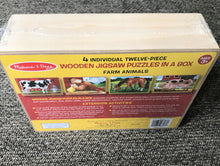 CHILDREN'S 12-PIECE WOODEN PUZZLES--FOUR PUZZLES IN ONE STORAGE BOX! COW, CHICKEN, HORSE, AND PIG FARM ANIMAL PUZZLES