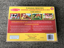 CHILDREN'S 12-PIECE WOODEN PUZZLES--FOUR PUZZLES IN ONE STORAGE BOX! COW, CHICKEN, HORSE, AND PIG FARM ANIMAL PUZZLES