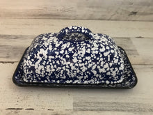 CHARMING, JUMBO-SIZED FARMHOUSE-STYLE SPECKLED BLUE-AND-WHITE ENAMEL BUTTER DISH