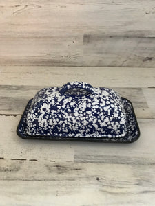 CHARMING, JUMBO-SIZED FARMHOUSE-STYLE SPECKLED BLUE-AND-WHITE ENAMEL BUTTER DISH