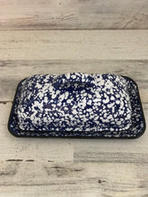 CHARMING, JUMBO-SIZED FARMHOUSE-STYLE SPECKLED BLUE-AND-WHITE ENAMEL BUTTER DISH