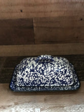 CHARMING, JUMBO-SIZED FARMHOUSE-STYLE SPECKLED BLUE-AND-WHITE ENAMEL BUTTER DISH