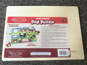 CHILDREN'S 8-PIECE WOODEN PEG PUZZLE WITH COLORFUL BARNYARD FARM ANIMALS