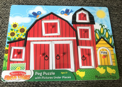 CHILDREN'S 8-PIECE WOODEN PEG PUZZLE OPEN THE BARN DOORS! BIG, RED BARN PUZZLE