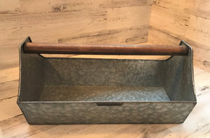 BIG GALVANIZED-METAL AND WOOD-HANDLE "TOOL" CADDY (FARMHOUSE-STYLE)