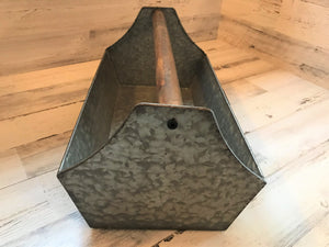 BIG GALVANIZED-METAL AND WOOD-HANDLE "TOOL" CADDY (FARMHOUSE-STYLE)