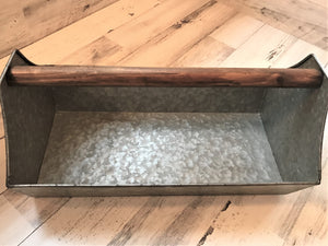 BIG GALVANIZED-METAL AND WOOD-HANDLE "TOOL" CADDY (FARMHOUSE-STYLE)