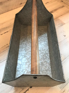 BIG GALVANIZED-METAL AND WOOD-HANDLE "TOOL" CADDY (FARMHOUSE-STYLE)