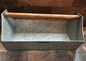 BIG GALVANIZED-METAL AND WOOD-HANDLE "TOOL" CADDY (FARMHOUSE-STYLE)