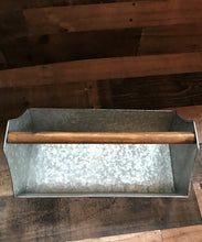 BIG GALVANIZED-METAL AND WOOD-HANDLE "TOOL" CADDY (FARMHOUSE-STYLE)