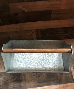 BIG GALVANIZED-METAL AND WOOD-HANDLE "TOOL" CADDY (FARMHOUSE-STYLE)