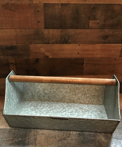 BIG GALVANIZED-METAL AND WOOD-HANDLE "TOOL" CADDY (FARMHOUSE-STYLE)