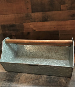 BIG GALVANIZED-METAL AND WOOD-HANDLE "TOOL" CADDY (FARMHOUSE-STYLE)