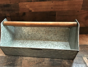 BIG GALVANIZED-METAL AND WOOD-HANDLE "TOOL" CADDY (FARMHOUSE-STYLE)