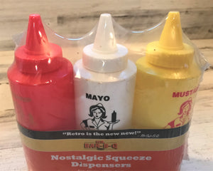 RETRO-STYLE 3-PIECE KETCHUP, MAYO, AND MUSTARD PLASTIC SQUEEZE BOTTLE SET