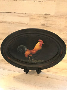 VERY SPECIAL! DISTRESSED-BROWN WOOD, VINTAGE FOG HORN ROOSTER OVAL PLATTER (FARMHOUSE DECOR AT ITS FINEST)