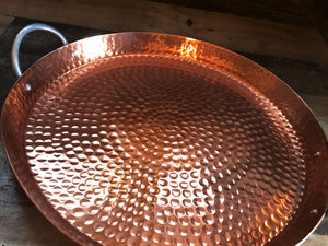 TIMELESS-LOOKING HAMMERED COPPER ROUND TRAY (WITH SILVER STAINLESS-STEEL HANDLES)