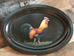 VERY SPECIAL! DISTRESSED-BROWN WOOD, VINTAGE FOG HORN ROOSTER OVAL PLATTER (FARMHOUSE DECOR AT ITS FINEST)