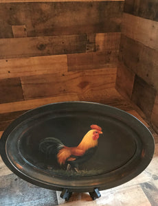 VERY SPECIAL! DISTRESSED-BROWN WOOD, VINTAGE FOG HORN ROOSTER OVAL PLATTER (FARMHOUSE DECOR AT ITS FINEST)