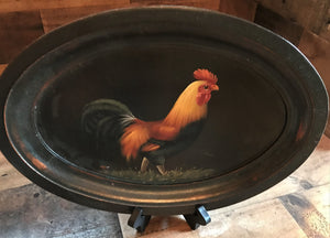 VERY SPECIAL! DISTRESSED-BROWN WOOD, VINTAGE FOG HORN ROOSTER OVAL PLATTER (FARMHOUSE DECOR AT ITS FINEST)