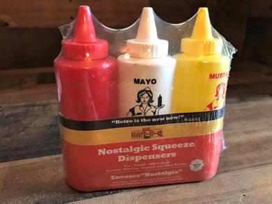RETRO-STYLE 3-PIECE KETCHUP, MAYO, AND MUSTARD PLASTIC SQUEEZE BOTTLE SET